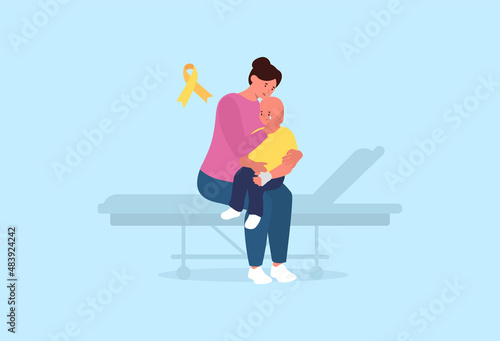 Sad Mother hugs his ill child. Hospital bed. Chilhood cancer. Vector