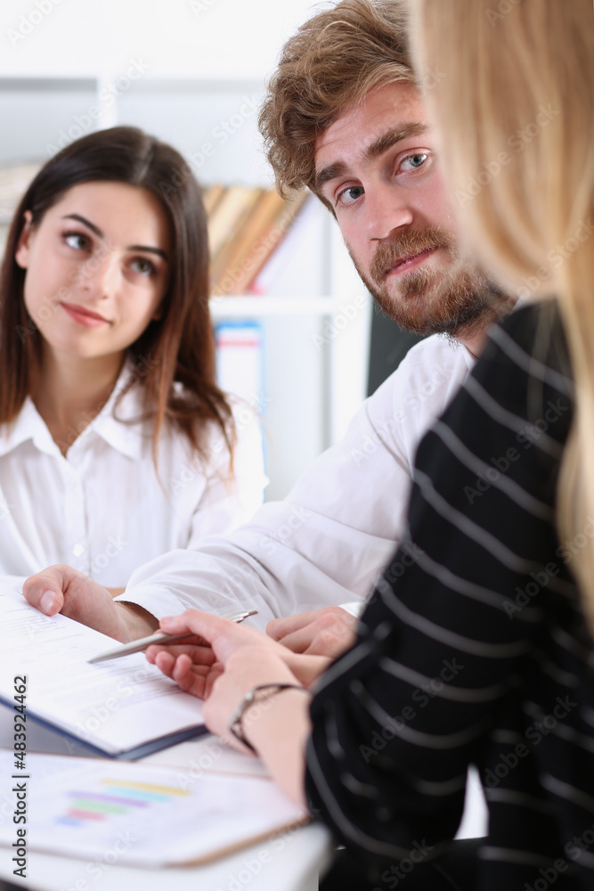 Group of people sit in office deliberate on problem Group of people sit in office deliberate on problem