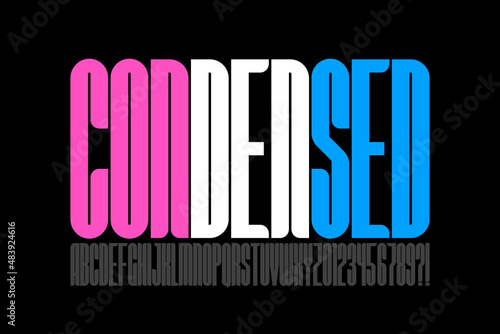 Condensed style modern font design, alphabet letters and numbers vector illustration