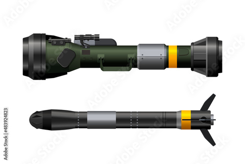 Rocket launcher side view. Realistic antitank rifle. Isolated missile weapon. Anti-tank military gun. Armed hand grenade