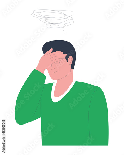 The man is tired, thoughtful or upset. Lots of thoughts in my head. Tired at the end of the day. Hand face. Flat vector illustration

