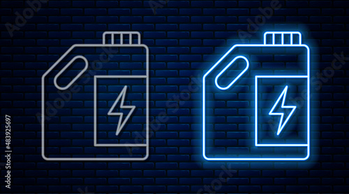 Glowing neon line Eco fuel canister icon isolated on brick wall background. Eco bio and barrel. Green environment and recycle. Vector