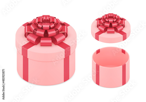 Luxury classic open and closed circled pink gift box for festive present storage 3d template vector