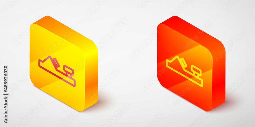 Isometric line Wood plane tool for woodworker hand crafted icon isolated on grey background. Jointer plane. Yellow and orange square button. Vector Isometric line Wood plane tool for woodworker hand crafted icon isolated on grey background. Jointer plane. Yellow and orange square button. Vector