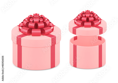 Open and closed circled pink gift box 3d template realistic vector illustration