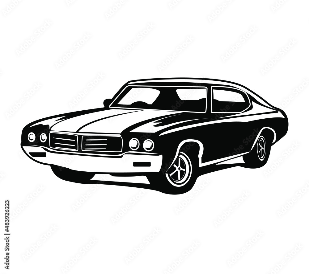 Retro muscle car vector illustration. Vintage poster of reto car. Old mobile isolated on white.