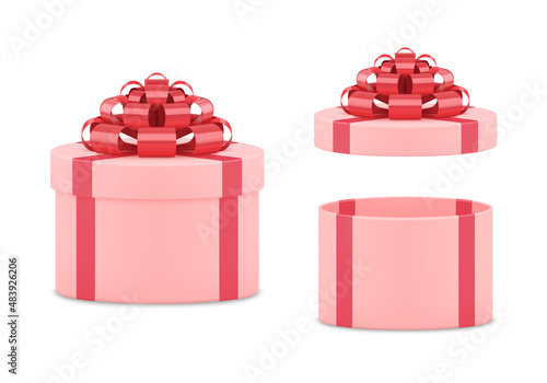 Realistic festive pink open and closed gift boxes set 3d template vector illustration