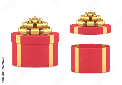 Luxury greeting red gift boxes with open and closed cap set 3d design realistic vector illustration