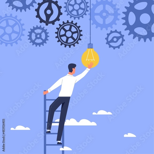 New ideas in process. Businessman weighs light bulb between gears. Creative idea and innovation in company, positive changes in strategy. Success human solution. Vector business concept