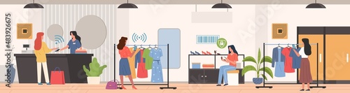Radio frequency identification. Shopping with RFID technology, women in clothing store pay checkout, check labels by codes, business automatization, vector flat isolated concept