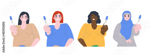 Woman shows a positive pregnancy test. Emotion of joy. Planned pregnancy. Set of women of different nationalities. Flat vector illustration