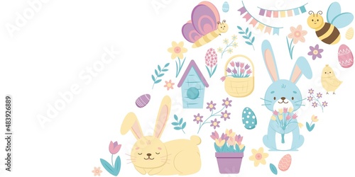 Bunner with Easter design elements  cartoon characters and floral elements. Bunny  chicken  butterfly  eggs and flowers. Vector illustration.
