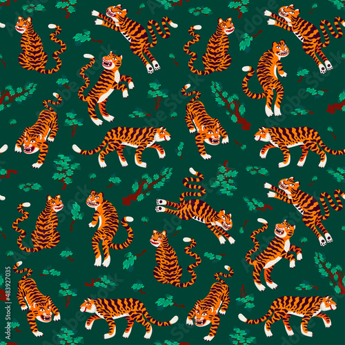 Tiger seamless pattern, vector animal print with cute tigers and Japanese pin...