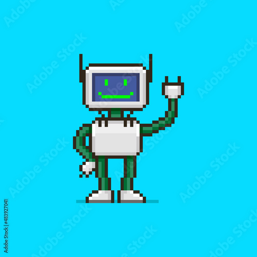 colorful simple flat pixel art illustration of cartoon smiling humanoid robot with a display instead of a face