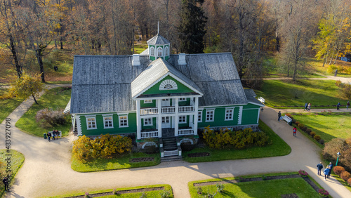 Drone shot over manor in Pushkin mountains. High quality photo