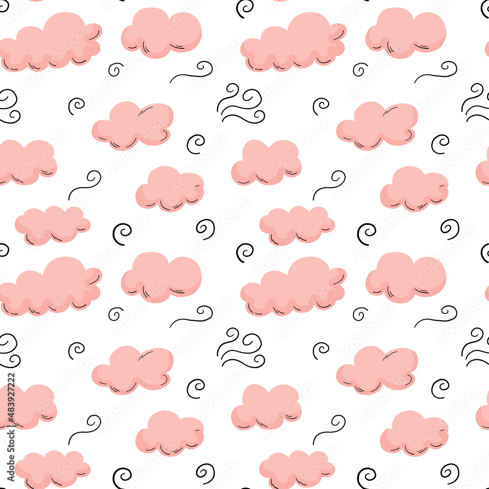 Pink doodle clouds seamless pattern with black outline swirls.
