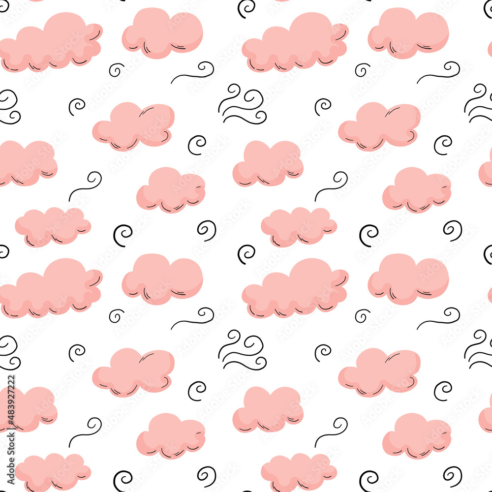 Pink doodle clouds seamless pattern with black outline swirls. Pink doodle clouds seamless pattern with black outline swirls.