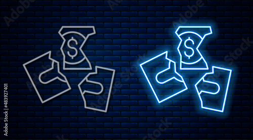 Glowing neon line Tearing apart money banknote into three peaces icon isolated on brick wall background. Vector