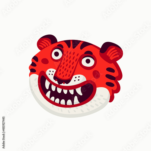 Tiger vector head, cartoon tiger funny face on white background.