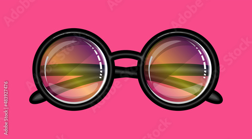 Glasses with colored lenses in a round frame on a pink background. Vector illustration