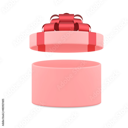 Cute pink girlish circled gift box with red ribbon and open cap unpacking decorative design vector