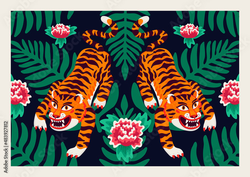 Tiger poster, vector tigers, and palm leaves and flowers in cartoon asian sty...