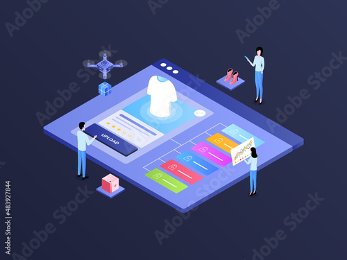 E-Commerce Catalog Upload Isometric Illustration Dark Gradient. Suitable for Mobile App, Website, Banner, Diagrams, Infographics, and Other Graphic Assets.