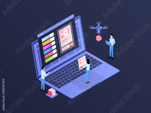 E-Commerce Omnichannel Order Isometric Illustration Dark Gradient. Suitable for Mobile App, Website, Banner, Diagrams, Infographics, and Other Graphic Assets.