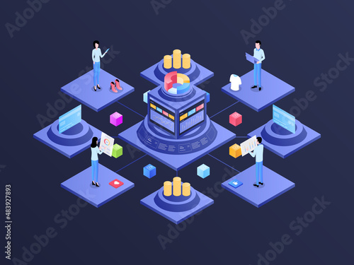 E-Commerce Integrated Accounting Isometric Illustration Dark Gradient. Suitable for Mobile App, Website, Banner, Diagrams, Infographics, and Other Graphic Assets.