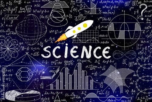 Math and physics scientific vector seamless pattern with handwritten figures, rocket image and the word "Science"