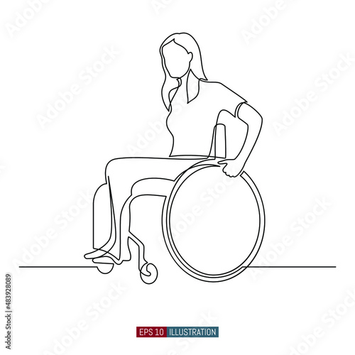 Continuous line drawing of The girl is sitting in a wheelchair. Template for your design. Vector illustration.