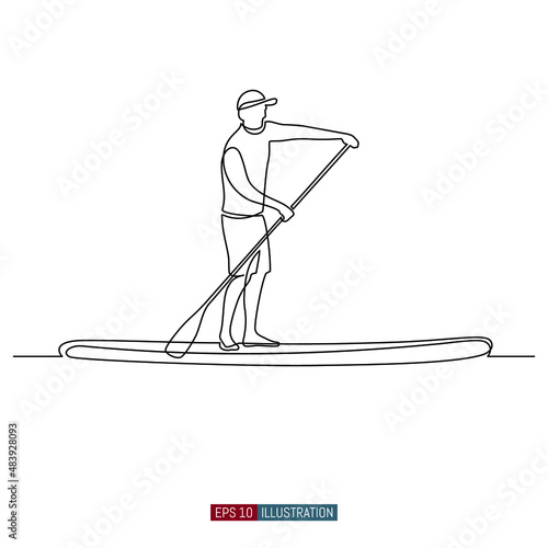 Continuous line drawing of Man on puddleboard. SUP boarding. Template for your design works. Vector illustration.