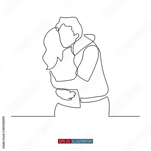 Continuous line drawing of embrace. A man hugs a woman. Template for your design works. Vector illustration.