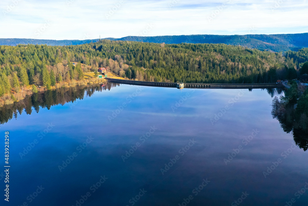 Schwarzenbach dam is the largest reservoir in the northern Black Forest.
Aerial view of the pumped storage power plant. Near Forbach, Black Forest, Baden Wurttemberg, Germany