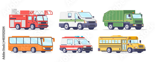 Collection public passenger and emergency aid city transportation vector illustration. Special service urban car isolated. Ambulance auto, school bus, dump, fire truck, cash in transit vehicle