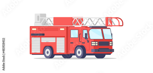 Fire truck rescue engine transportation for firefighter emergency isometric vector illustration. Safety transport with ladder and siren burning flame dangerous isolated. Fireman classic red vehicle