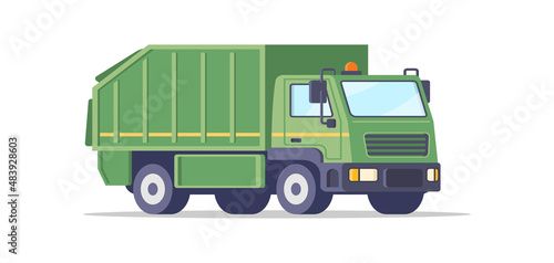 Municipal green garbage van isometric vector illustration. Vehicle for waste collecting sorting and transporting isolated. Urban trash transportation truck lorry industrial cleaning car with container