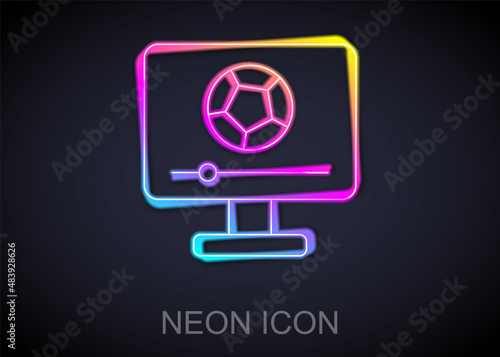 Glowing neon line Football soccer match on TV icon isolated on black background. Football online concept. Vector