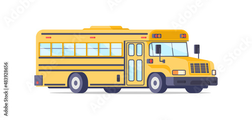 Yellow school bus isometric vector illustration. Classic American passenger transportation for pupils carrying isolated on white. Primary students riding to college university traditional vehicle