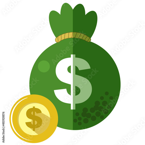 Bag of money and gold coins. Dollars and cents in a closed bag on a white background.