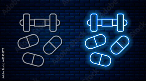 Glowing neon line Sports doping, anabolic drugs with dumbbell icon isolated on brick wall background. Anabolic steroids tablet. Pills in jar. Vector