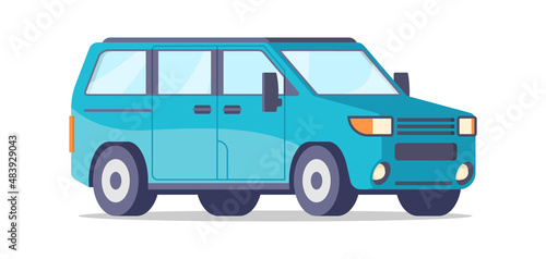Vintage blue minivan isometric vector illustration. Retro minibus family riding travel journey isolated. Old fashioned car passenger corporate transportation service. Commercial cargo freight truck