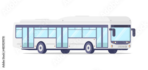 Modern city bus with big glass doors regular passengers transportation isometric vector illustration. Electric commercial public transport town transit travel. Motor vehicle with wheels and windshield