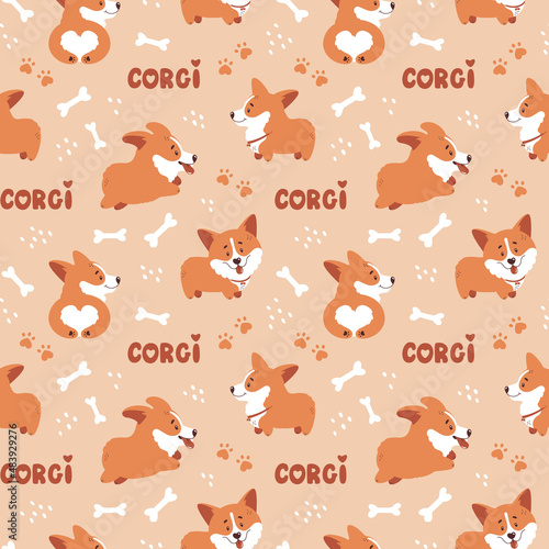 Corgi seamless pattern. Cute and happy welsh corgi puppies and hand drawing letterings. Funny dog characters. Stylish vector background.
