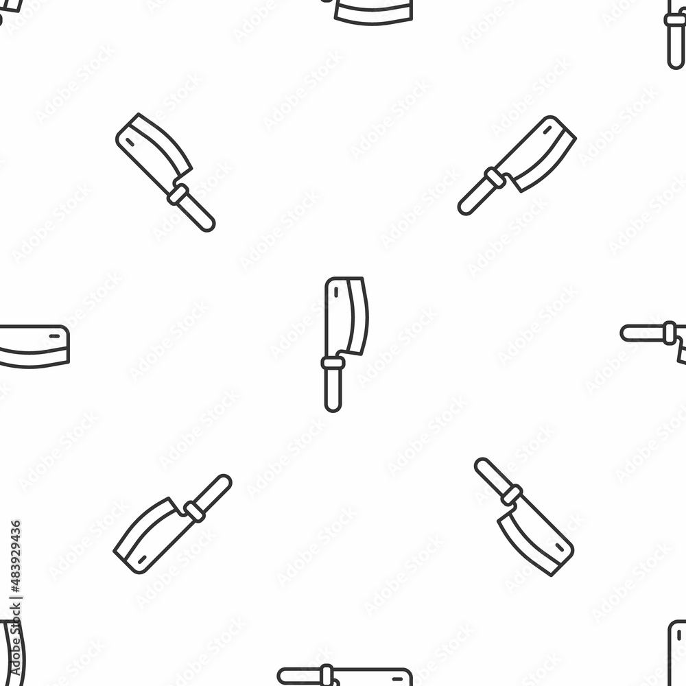 Grey line Meat chopper icon isolated seamless pattern on white background. Kitchen knife for meat. Butcher knife. Vector Grey line Meat chopper icon isolated seamless pattern on white background. Kitchen knife for meat. Butcher knife. Vector