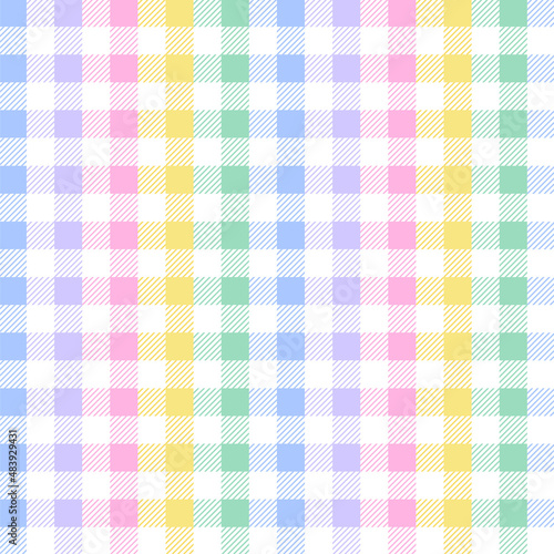 Rainbow Pastel Blue Purple Pink Yellow Green Gingham Patterns Background Editable Stroke. Vector Illustration Tablecloth, Picnic mat wrap paper.