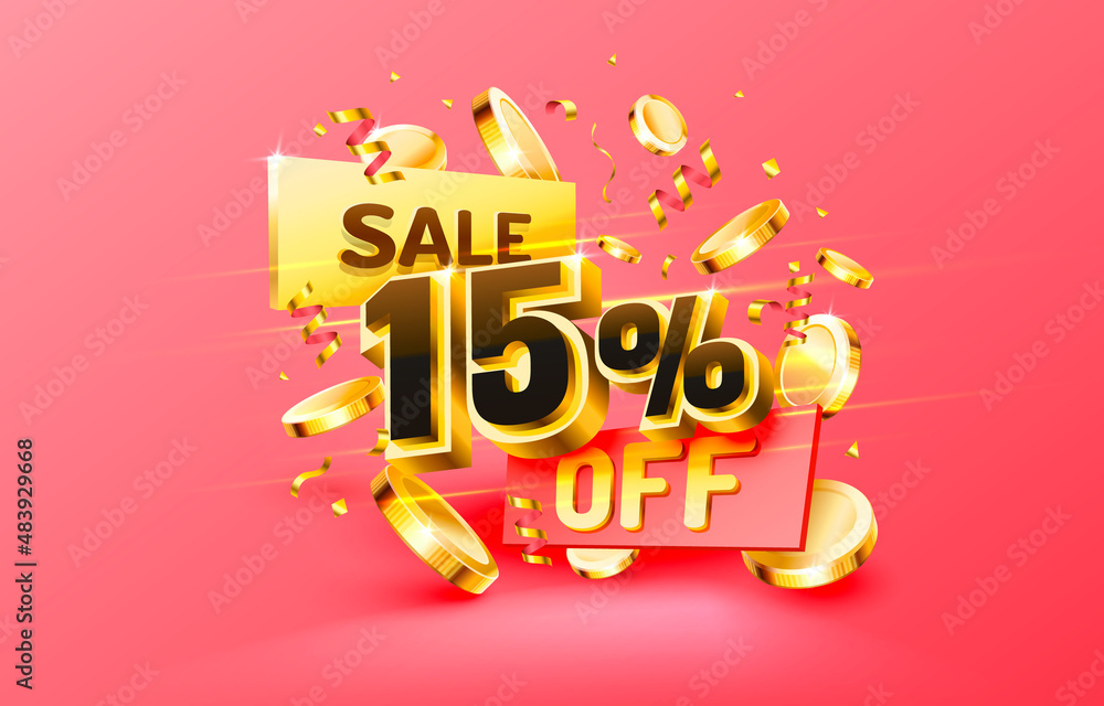 15 Off. Discount creative composition. 3d sale symbol with decorative objects, golden confetti, podium and gift box. Sale banner and poster. Vector