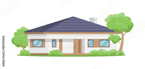 Modern countryside house facade at summer park with green trees, lawn and bushes isometric vector illustration. Suburban home residential cottage exterior isolated. One storey dwelling with chimney