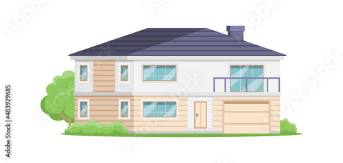 Two storey residential building facade with balcony veranda and garage isometric vector illustration. Countryside cottage exterior with natural garden green lawn and trees at yard. Suburb lifestyle