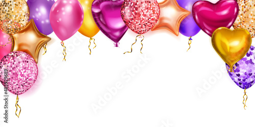 Vector illustration with flying colored helium balloons in various shapes and colors on white background